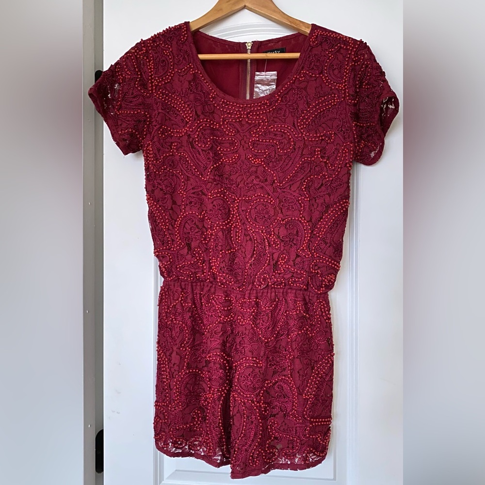 Verty Red Lace Beaded Romper
